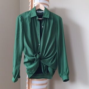 Ptp21" Vintage Flowy Green Long Sleeve Ruched Button Blouse